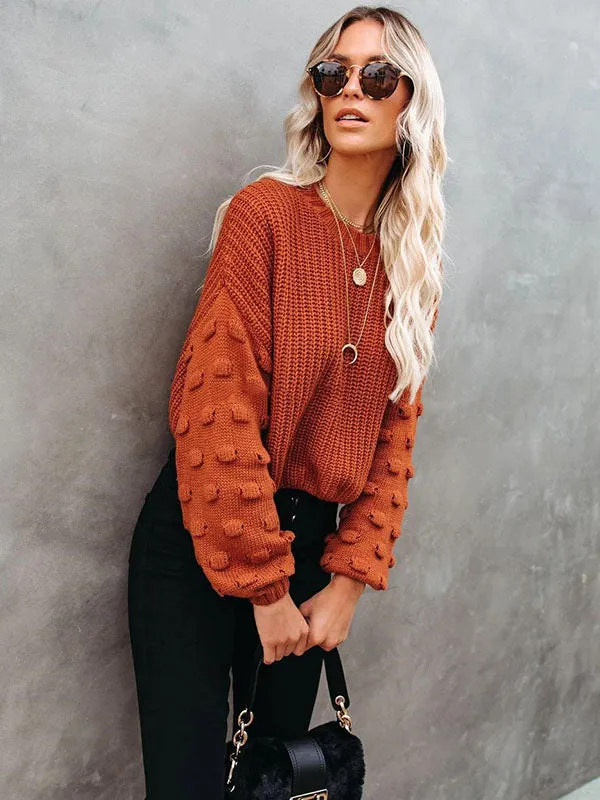 Trendy Tops Puff Sleeves Loose Solid Color Round-Neck Sweater Tops