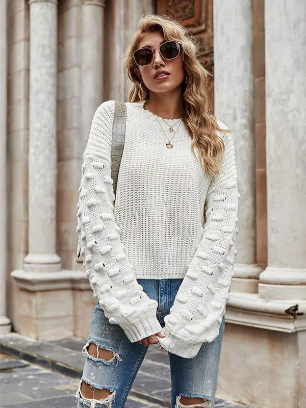 Trendy Tops Puff Sleeves Loose Solid Color Round-Neck Sweater Tops