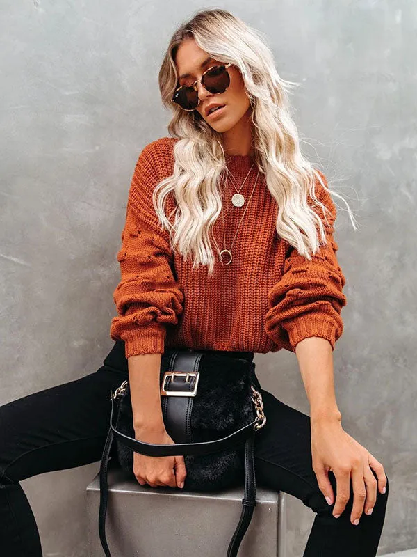 Trendy Tops Puff Sleeves Loose Solid Color Round-Neck Sweater Tops