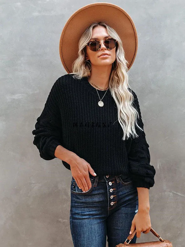 Trendy Tops Puff Sleeves Loose Solid Color Round-Neck Sweater Tops