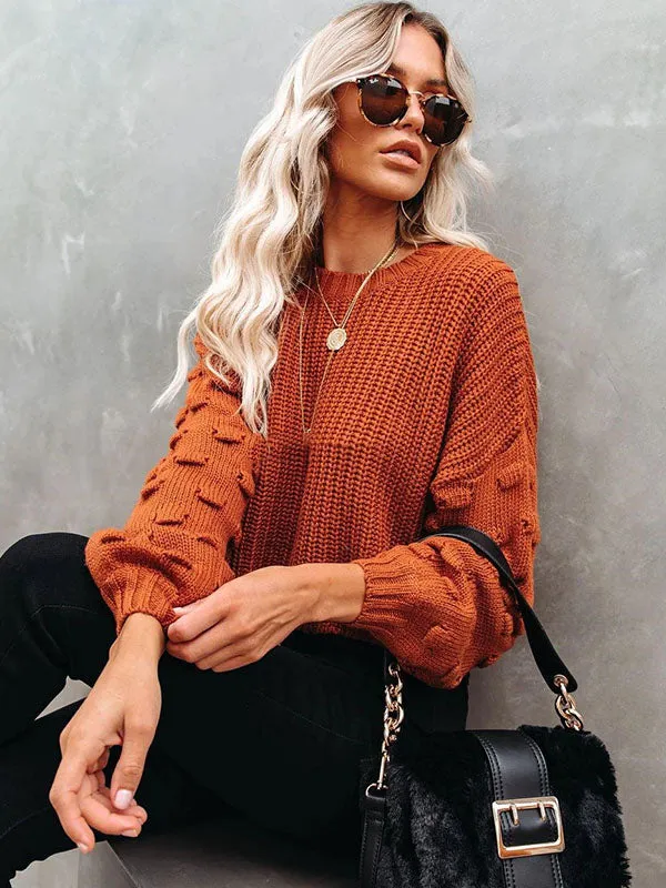 Trendy Tops Puff Sleeves Loose Solid Color Round-Neck Sweater Tops