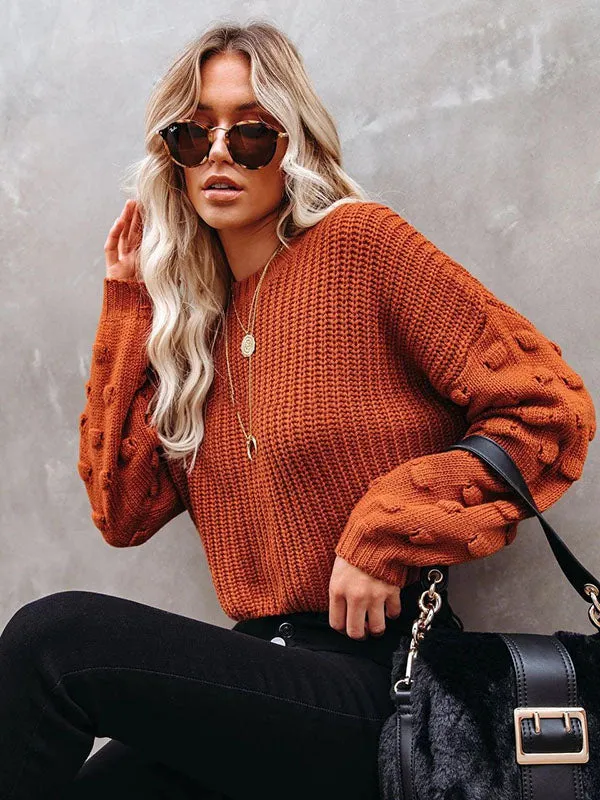 Trendy Tops Puff Sleeves Loose Solid Color Round-Neck Sweater Tops