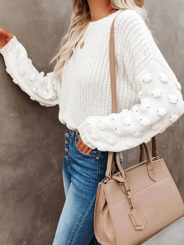 Trendy Tops Puff Sleeves Loose Solid Color Round-Neck Sweater Tops