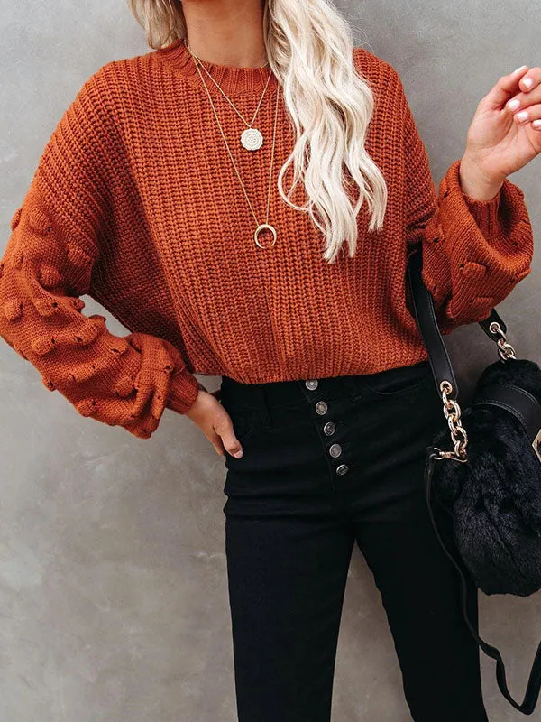 Trendy Tops Puff Sleeves Loose Solid Color Round-Neck Sweater Tops