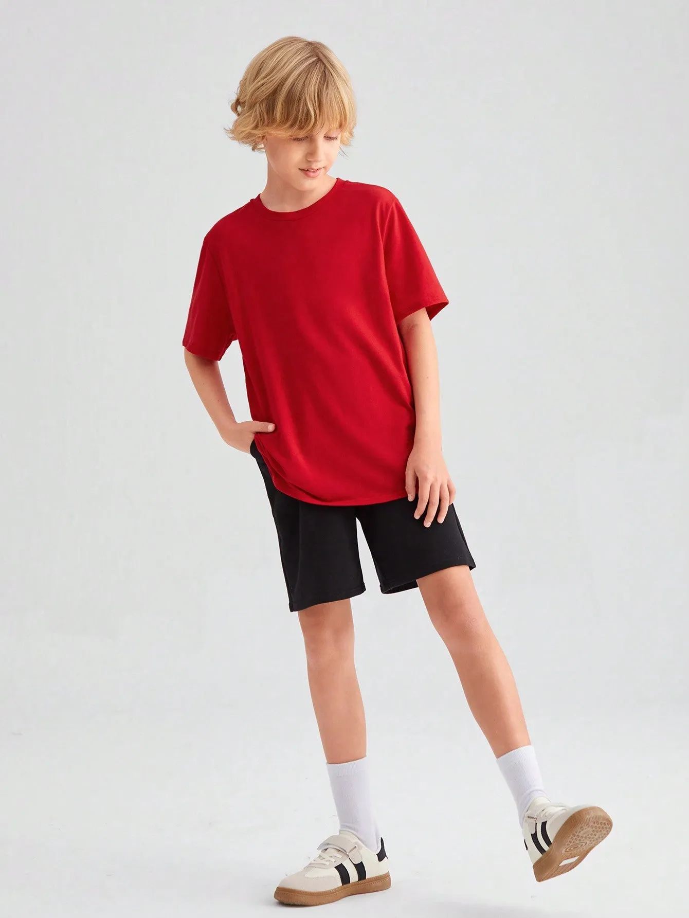 Tween Boy Casual Loose Fit Knitted T-Shirts 4pcs Set - Round Neck, Solid Color, Pocket