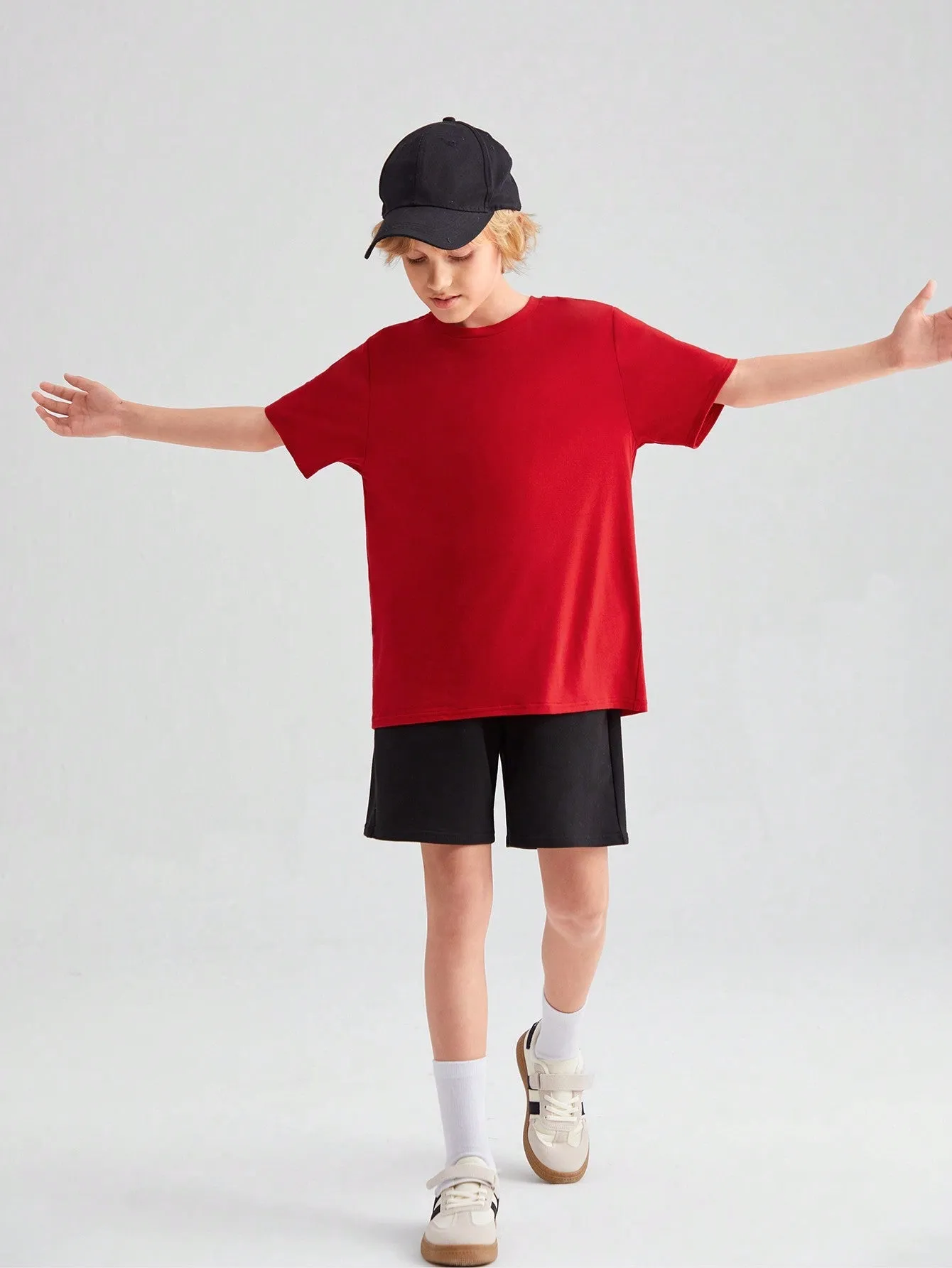 Tween Boy Casual Loose Fit Knitted T-Shirts 4pcs Set - Round Neck, Solid Color, Pocket