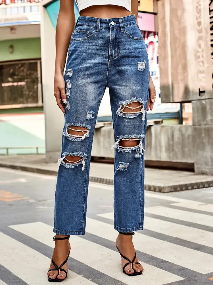 Versatile Washed Ripped Straight-Leg Cropped Jeans