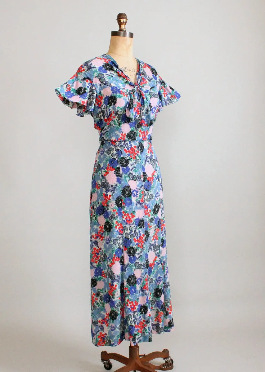 Vintage 1930s Blue, Red, and Pink Floral Crepe Dress