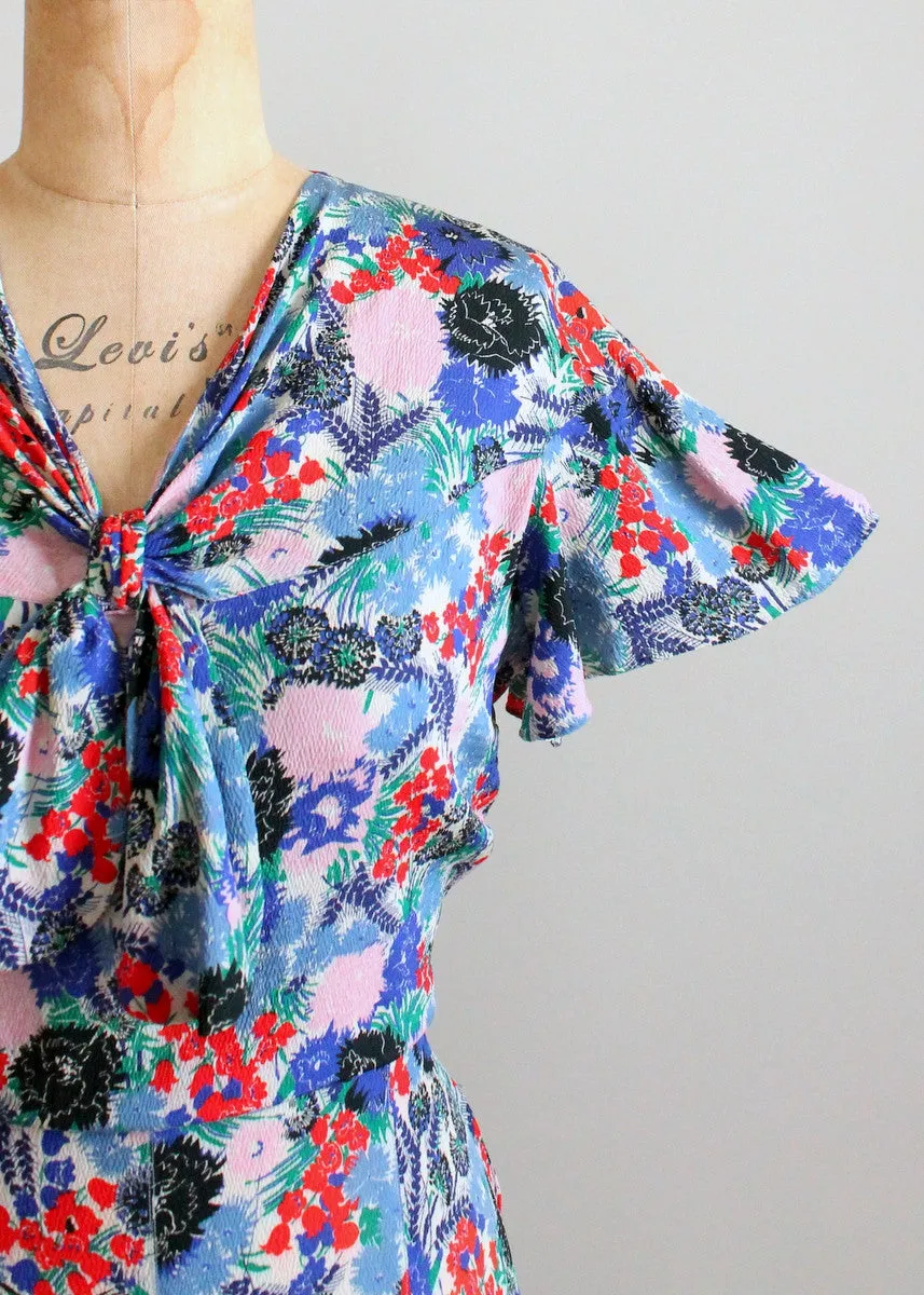 Vintage 1930s Blue, Red, and Pink Floral Crepe Dress