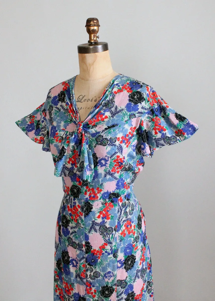 Vintage 1930s Blue, Red, and Pink Floral Crepe Dress