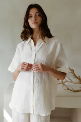 Woven Linen Button Down Short Sleeve Shirt Top